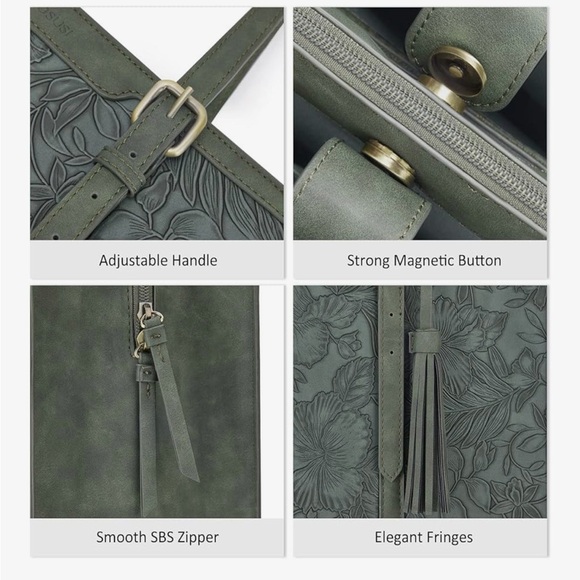 Leather Style Embossed Floral Forest Green Women's Tote Bag - Picture 4 of 15